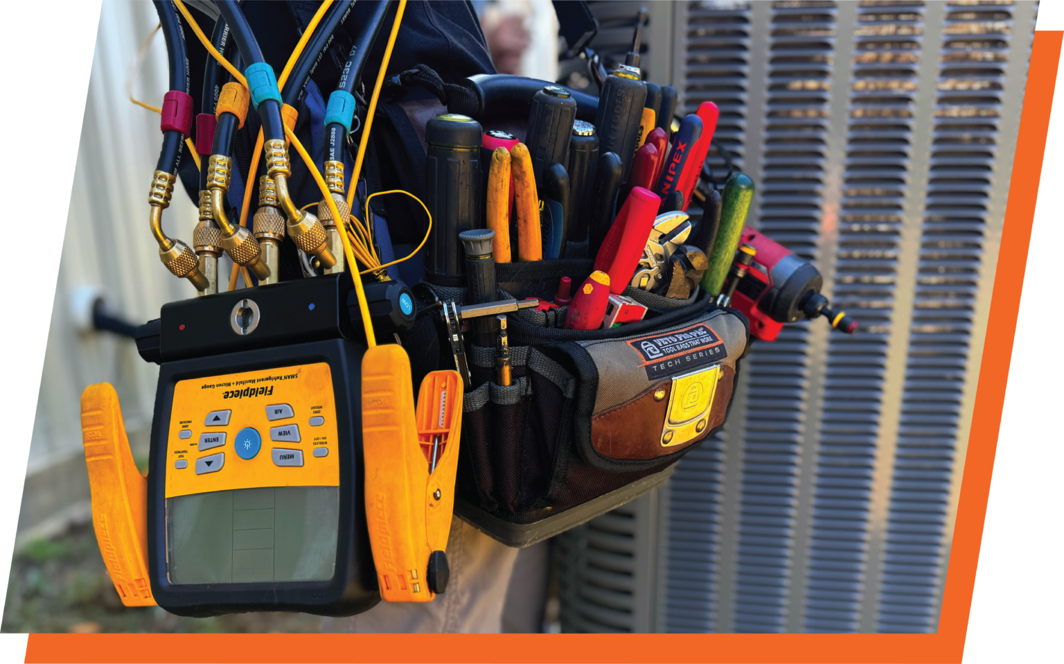 Guardian Air technician using gauge to check refrigerant and maintain outdoor compressor unit.